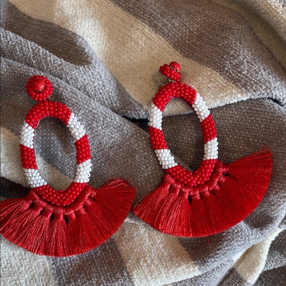 Deepa Gurnani red and White Beaded Fringe Earrings (bw)